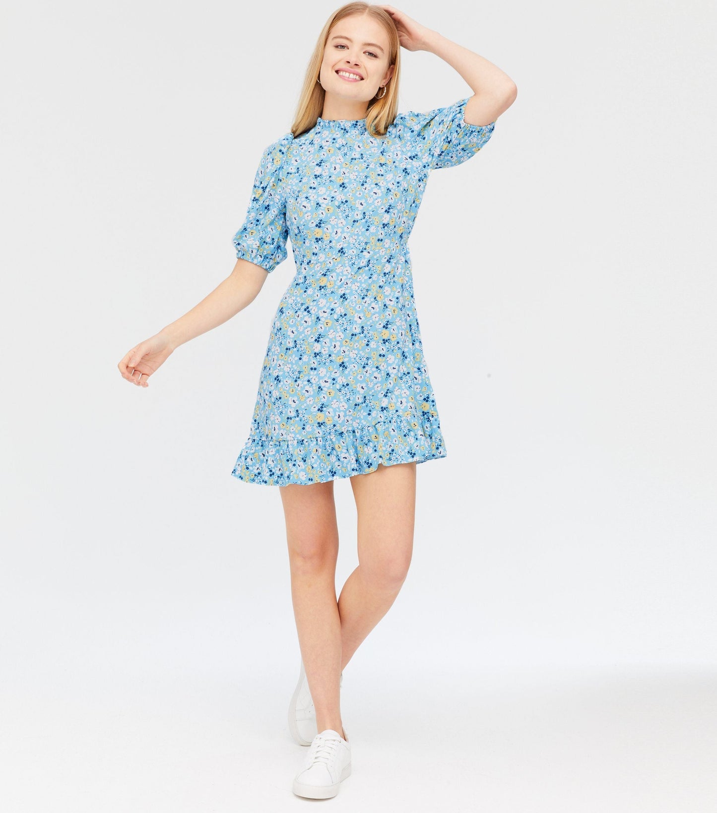 Blue Ditsy Floral High Neck Mini Dress
