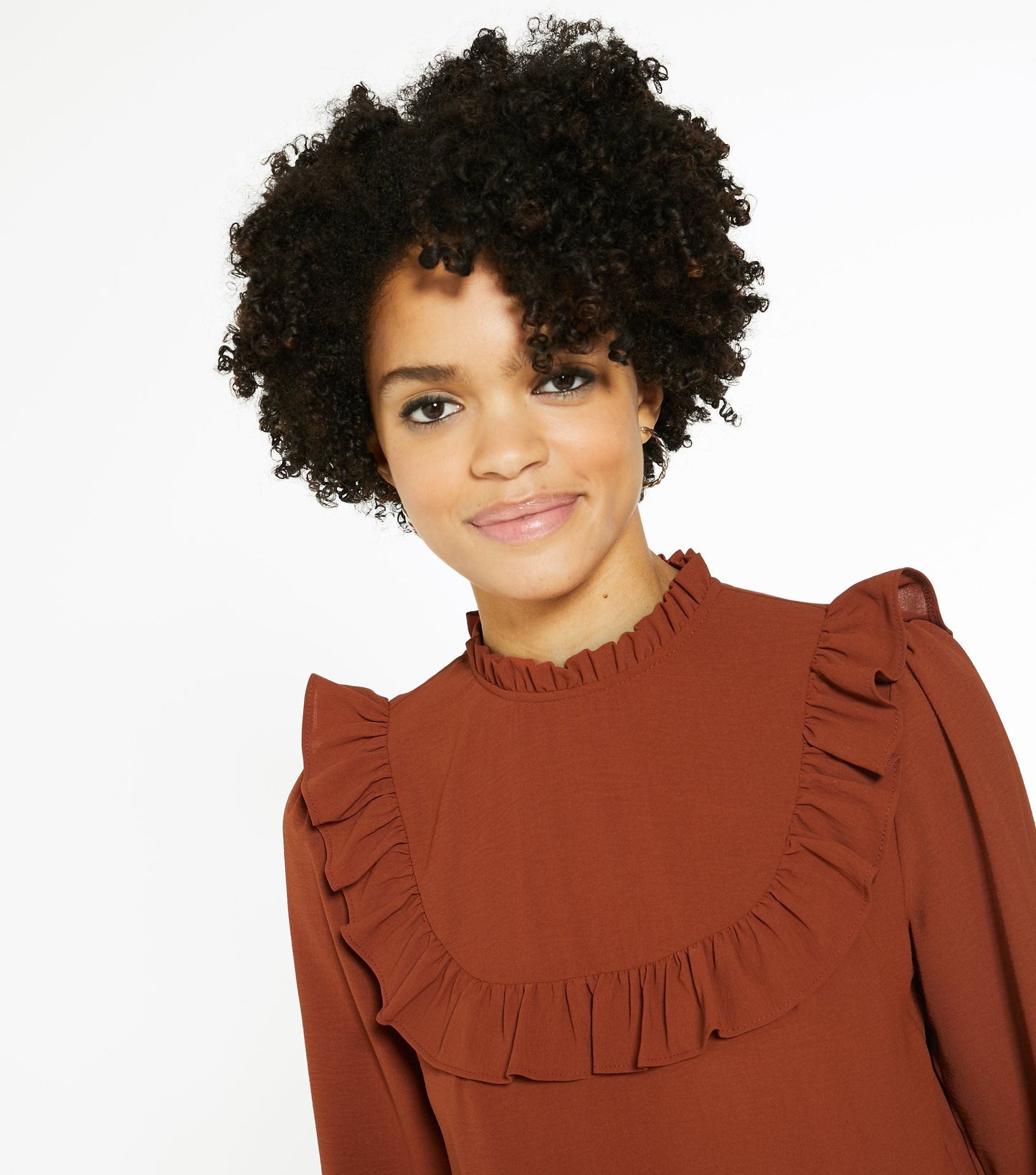 Rust High Neck Frill Smock Dress