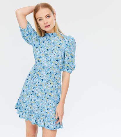 Blue Ditsy Floral High Neck Mini Dress