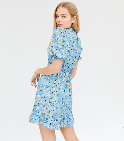 Blue Ditsy Floral High Neck Mini Dress