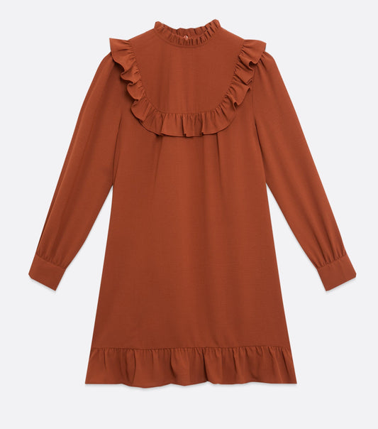 Rust High Neck Frill Smock Dress