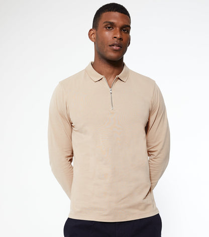 Stone Pique Collared Zip Front Polo Top